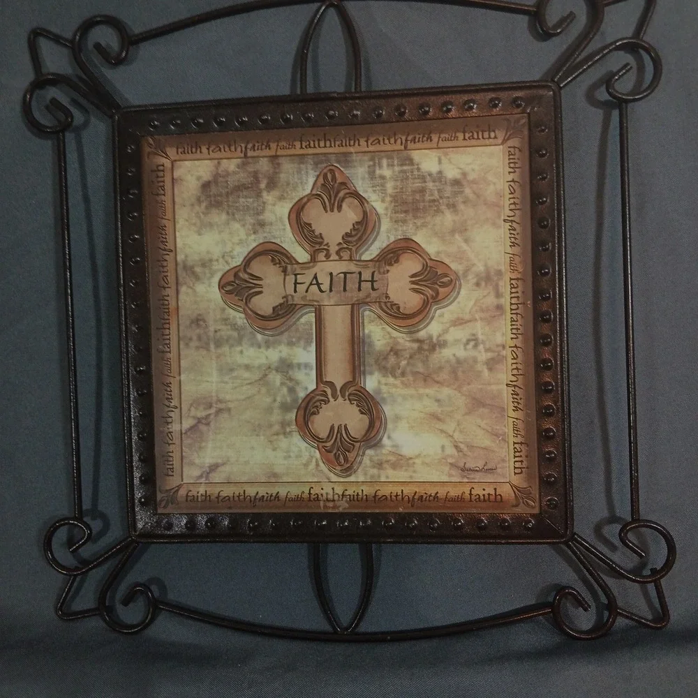 Faith Cross Wall Art Decor Brown Excellent Metal Scrollwork Frame